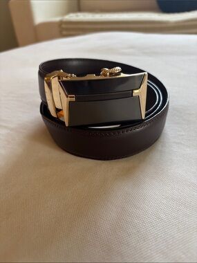 Men's Dark Brown Leather Belt with Gold and Black Automatic Buckle